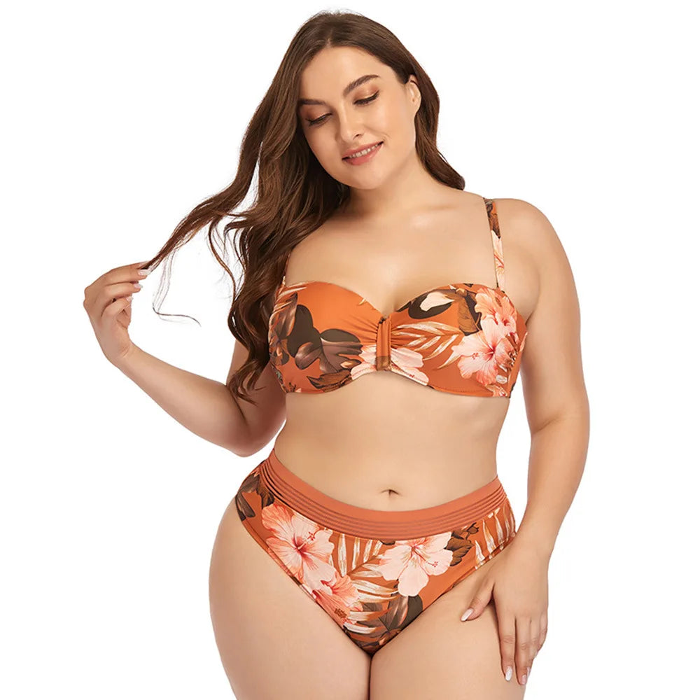 2022 New plus Size Swimsuit Strap Retro Bikini Floral Print Split High Waist Swimsuit Bathing Suits 2 Pieces Bikini