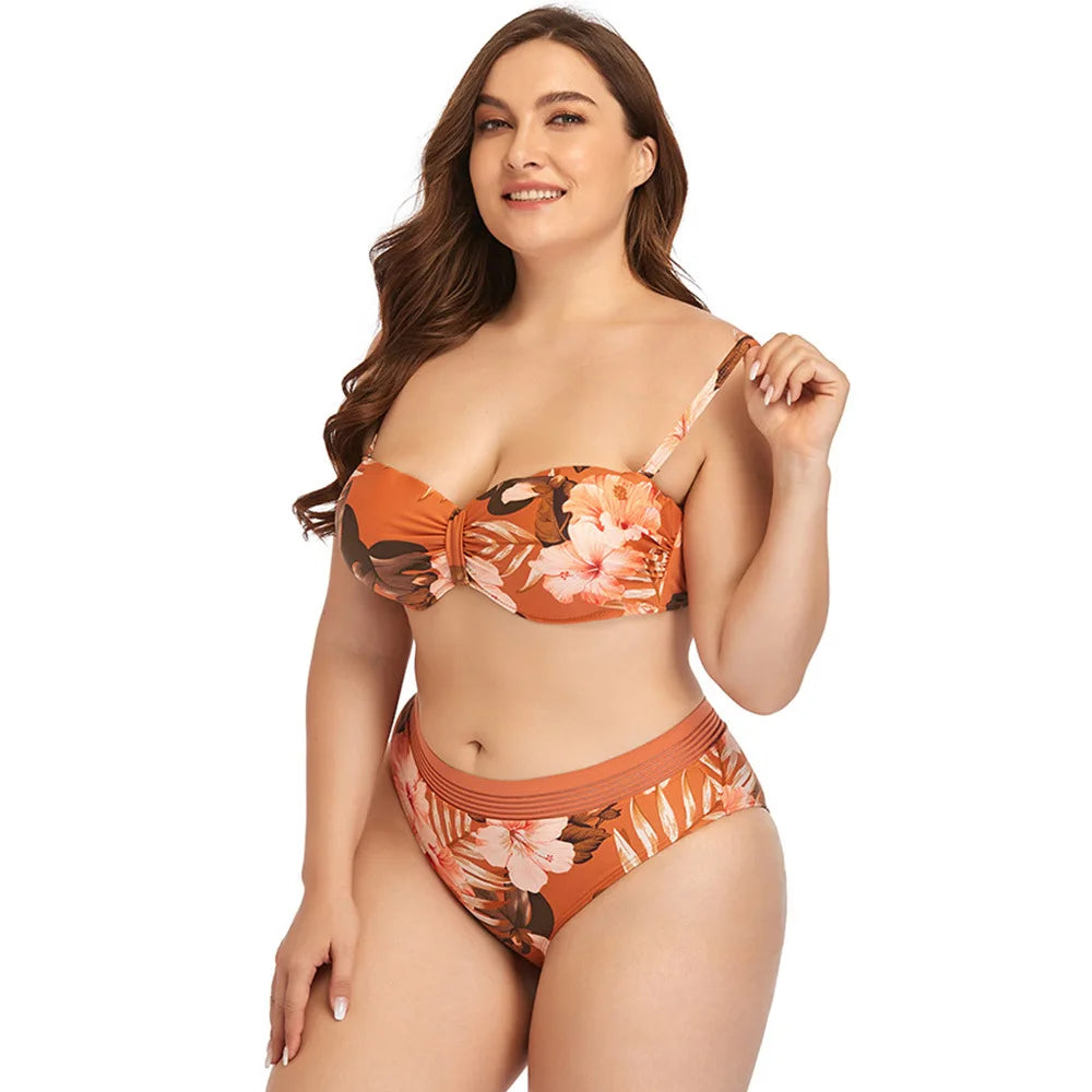 2022 New plus Size Swimsuit Strap Retro Bikini Floral Print Split High Waist Swimsuit Bathing Suits 2 Pieces Bikini